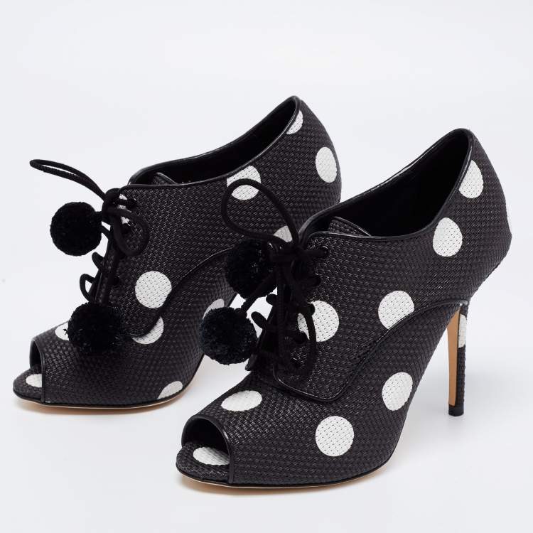 Pre Owned Dolce & Gabbana Black/White Leather Polka Dot Peep Toe Booties  Size 38
