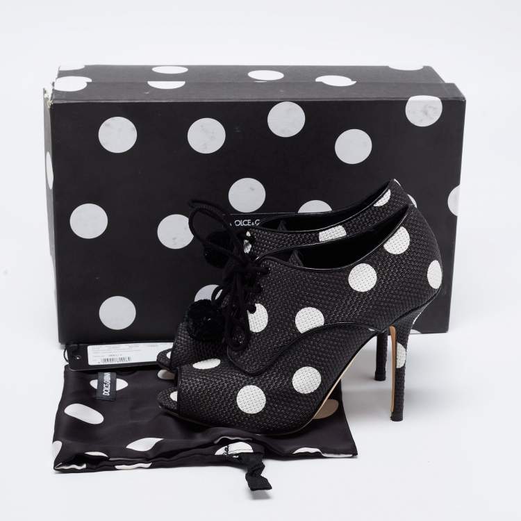 Pre Owned Dolce & Gabbana Black/White Leather Polka Dot Peep Toe Booties  Size 38