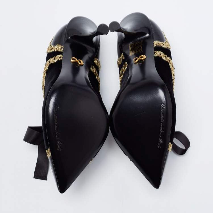 Pre Owned Dolce & Gabbana Black Velvet And Leather Lace Up Pointed Toe Booties Size 38