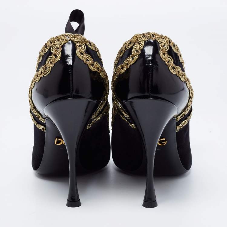 Pre Owned Dolce & Gabbana Black Velvet And Leather Lace Up Pointed Toe Booties Size 38