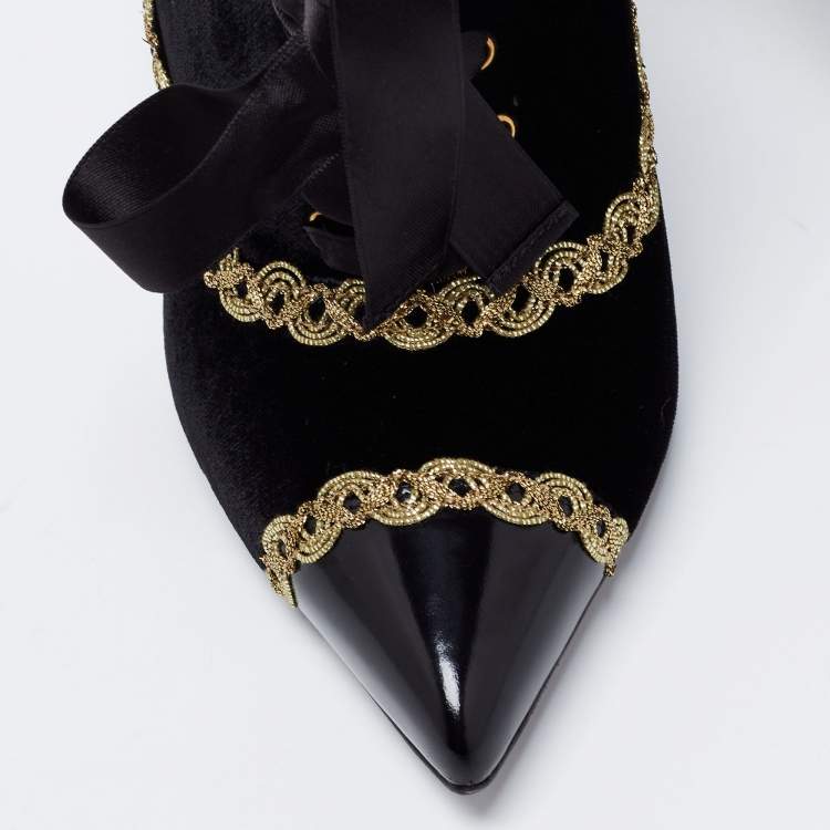 Pre Owned Dolce & Gabbana Black Velvet And Leather Lace Up Pointed Toe Booties Size 38