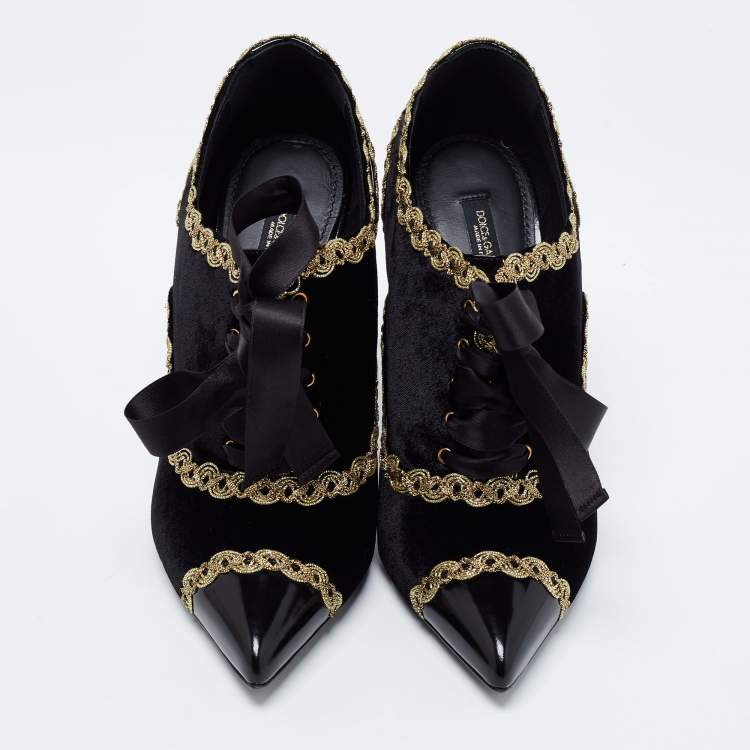 Pre Owned Dolce & Gabbana Black Velvet And Leather Lace Up Pointed Toe Booties Size 38