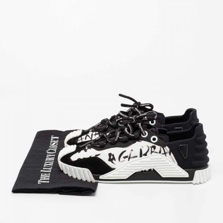 مملوكة مسبقًا Dolce & Gabbana White/Black Suede, Printed Canvas and Neoprene NS1 Low-Top Sneakers Size 39