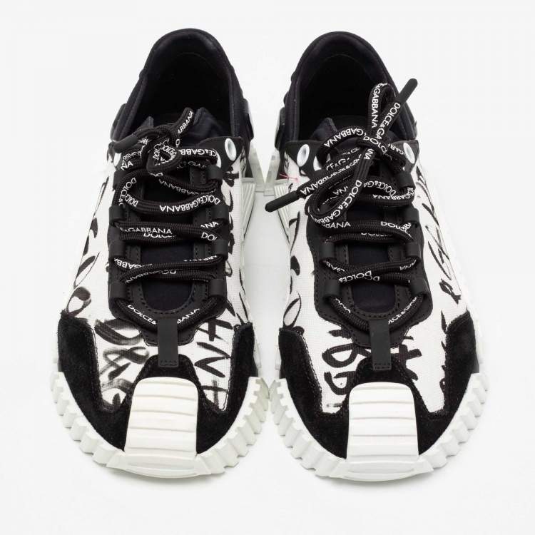 مملوكة مسبقًا Dolce & Gabbana White/Black Suede, Printed Canvas and Neoprene NS1 Low-Top Sneakers Size 39
