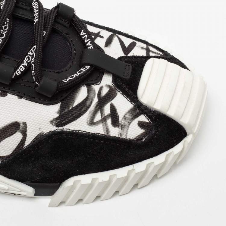 مملوكة مسبقًا Dolce & Gabbana White/Black Suede, Printed Canvas and Neoprene NS1 Low-Top Sneakers Size 39