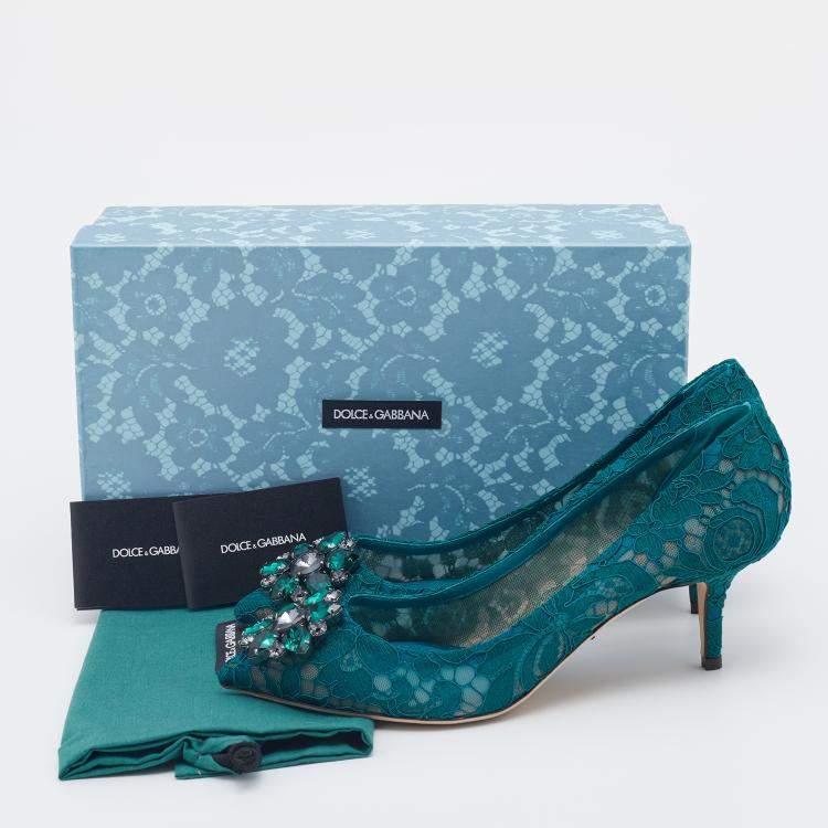 Pre Owned Dolce & Gabbana Teal Green Taormina Lace Crystal Embellished Pumps Size EU 40