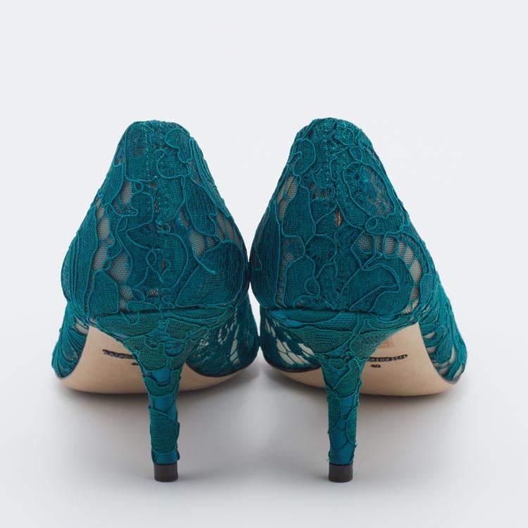 Pre Owned Dolce & Gabbana Teal Green Taormina Lace Crystal Embellished Pumps Size EU 40