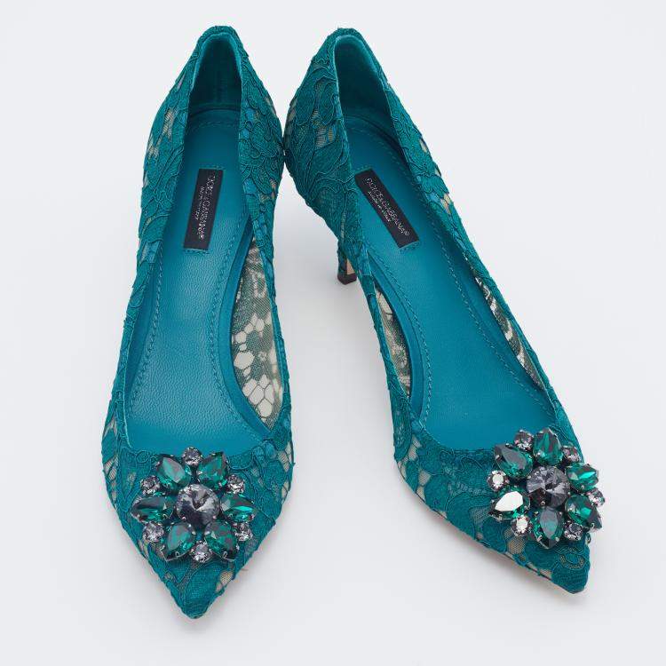 Pre Owned Dolce & Gabbana Teal Green Taormina Lace Crystal Embellished Pumps Size EU 40