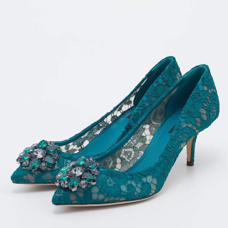 Pre Owned Dolce & Gabbana Teal Green Taormina Lace Crystal Embellished Pumps Size EU 40