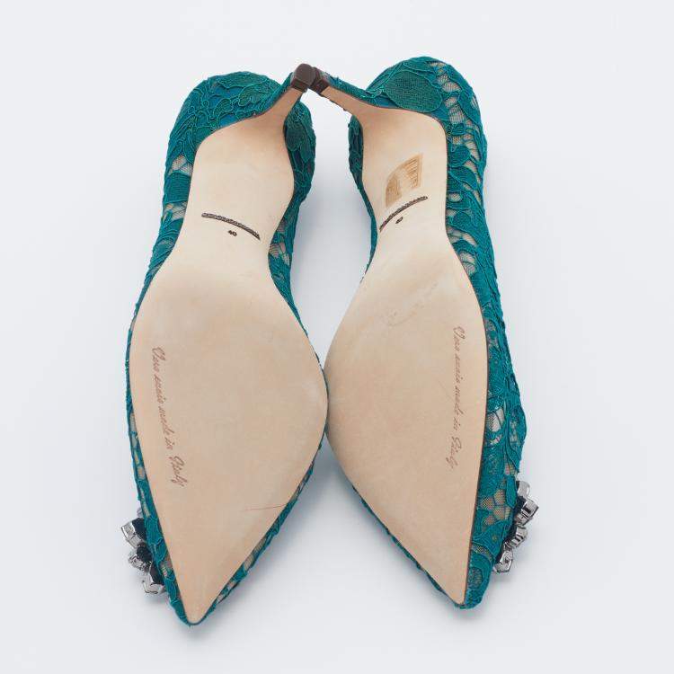 Pre Owned Dolce & Gabbana Teal Green Taormina Lace Crystal Embellished Pumps Size EU 40