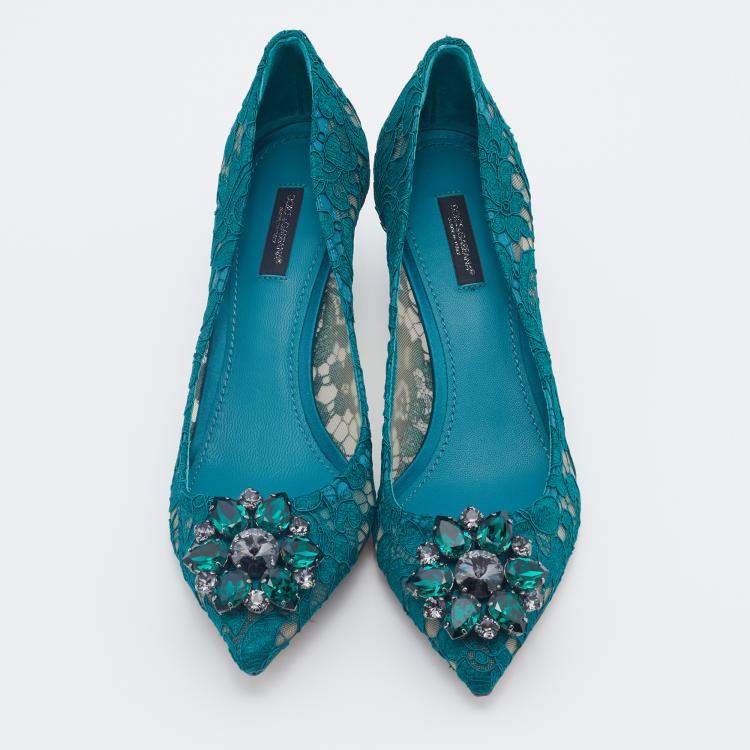 Pre Owned Dolce & Gabbana Teal Green Taormina Lace Crystal Embellished Pumps Size EU 40