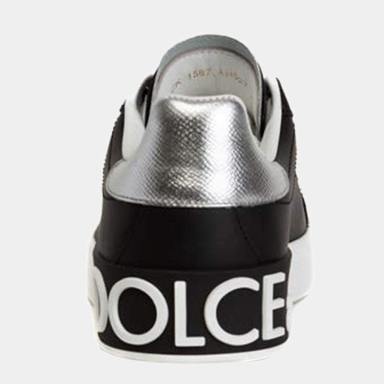 Pre Owned Dolce & Gabbana Black/White/Silver Calfskin nappa Portofino Sneaker Size EU 37