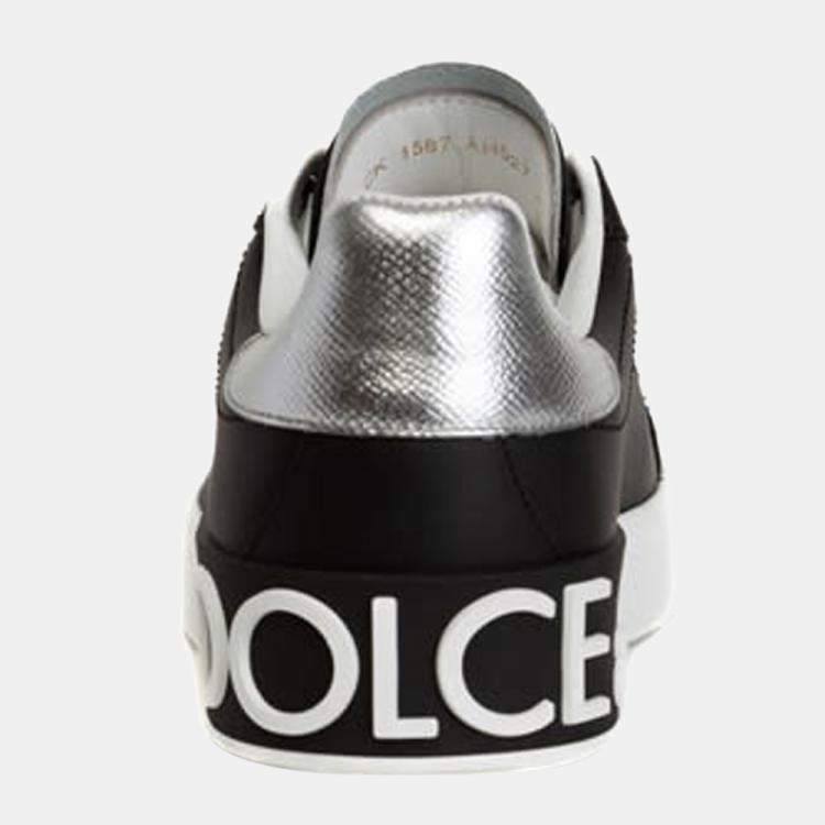Pre Owned Dolce & Gabbana Black/White/Silver Calfskin nappa Portofino Sneaker Size EU 37