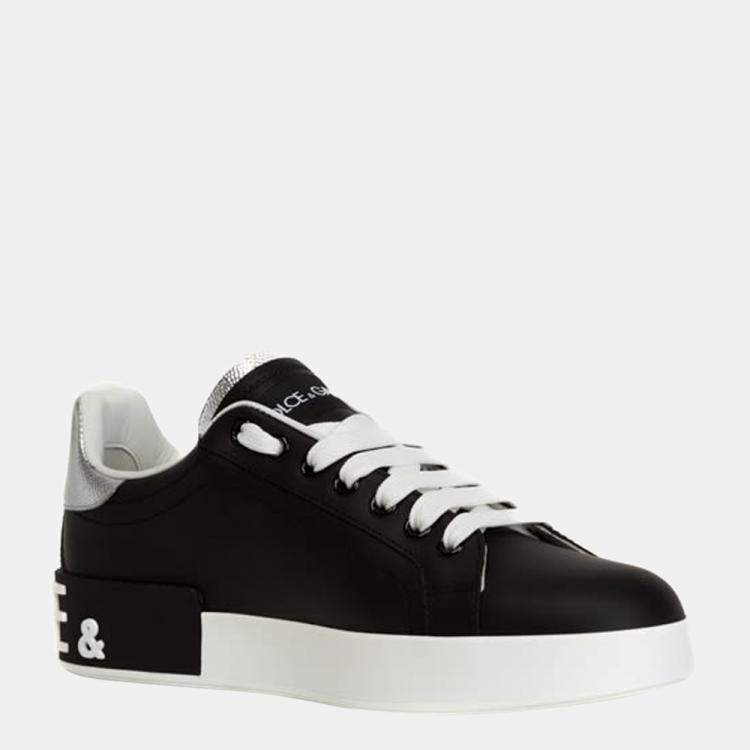 Pre Owned Dolce & Gabbana Black/White/Silver Calfskin nappa Portofino Sneaker Size EU 38