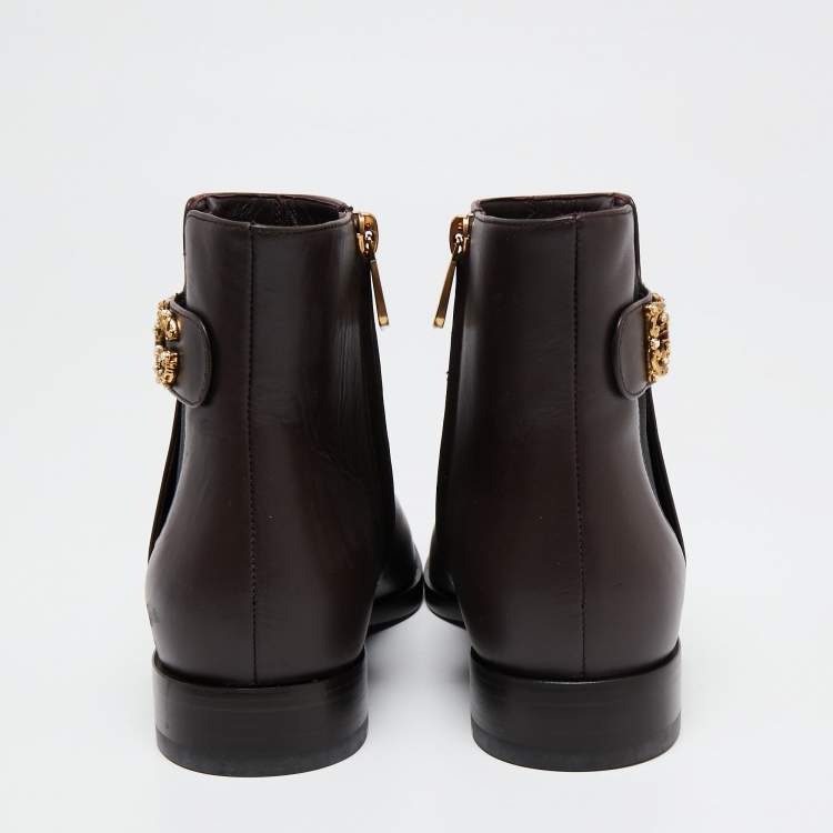 Pre Owned Dolce & Gabbana Burgundy Leather Logo Detail Ankle Boots Size 38