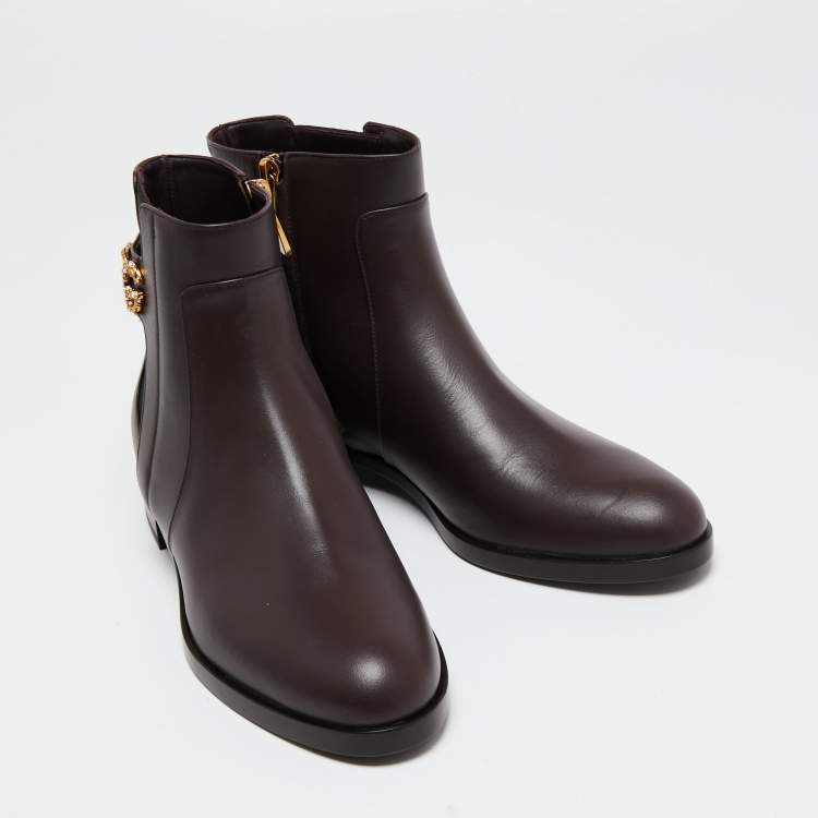 Pre Owned Dolce & Gabbana Burgundy Leather Logo Detail Ankle Boots Size 38