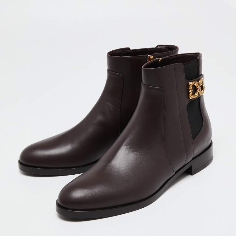 Pre Owned Dolce & Gabbana Burgundy Leather Logo Detail Ankle Boots Size 38