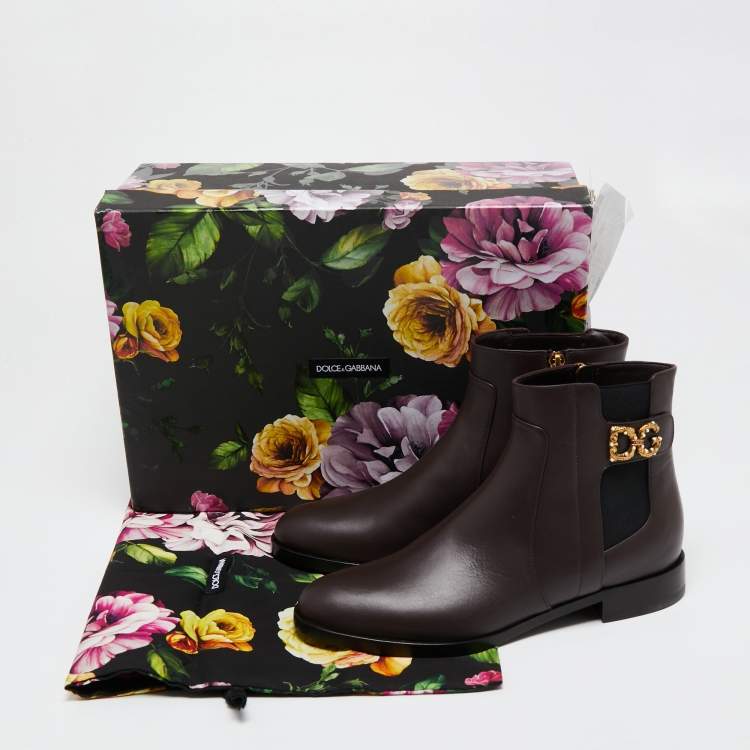 Pre Owned Dolce & Gabbana Burgundy Leather Logo Detail Ankle Boots Size 38