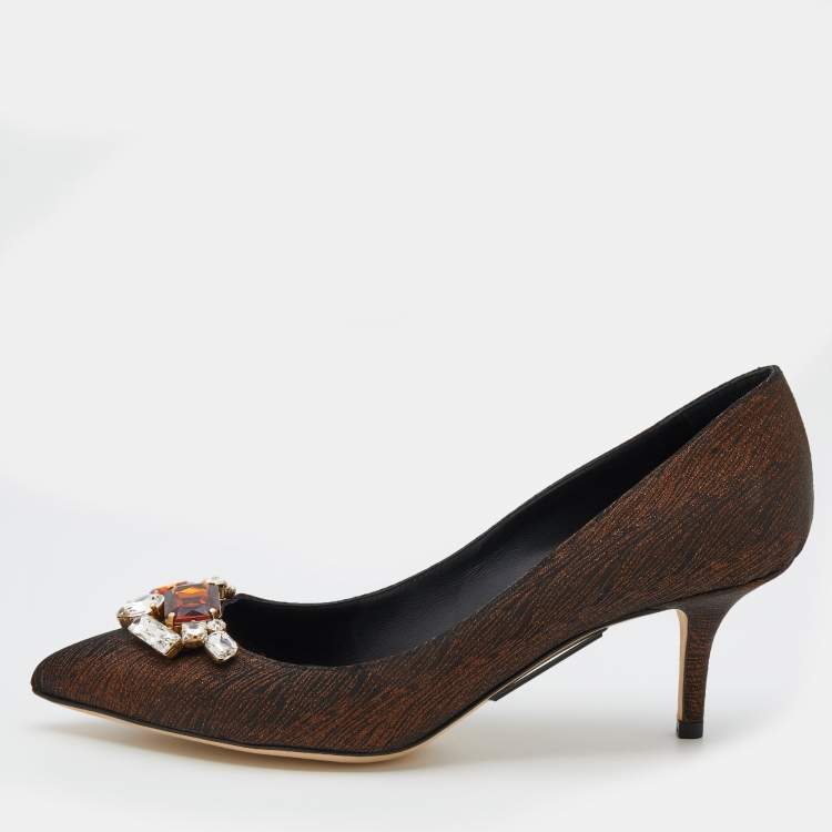 Pre Owned Dolce & Gabbana Bronze Nylon Jeweled Embellishment Pointed Toe Pumps Size 39
