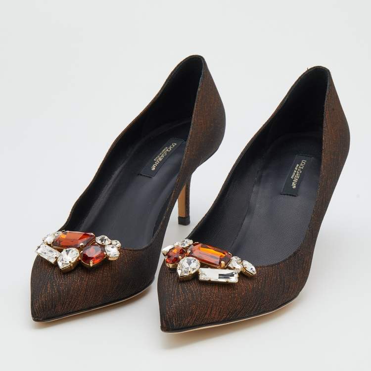 Pre Owned Dolce & Gabbana Bronze Nylon Jeweled Embellishment Pointed Toe Pumps Size 39