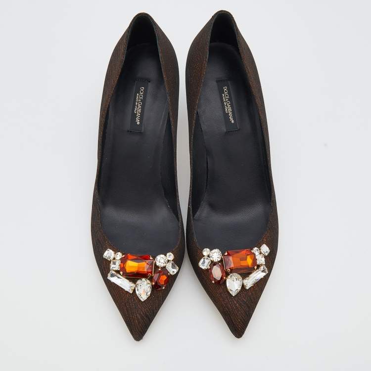 Pre Owned Dolce & Gabbana Bronze Nylon Jeweled Embellishment Pointed Toe Pumps Size 39
