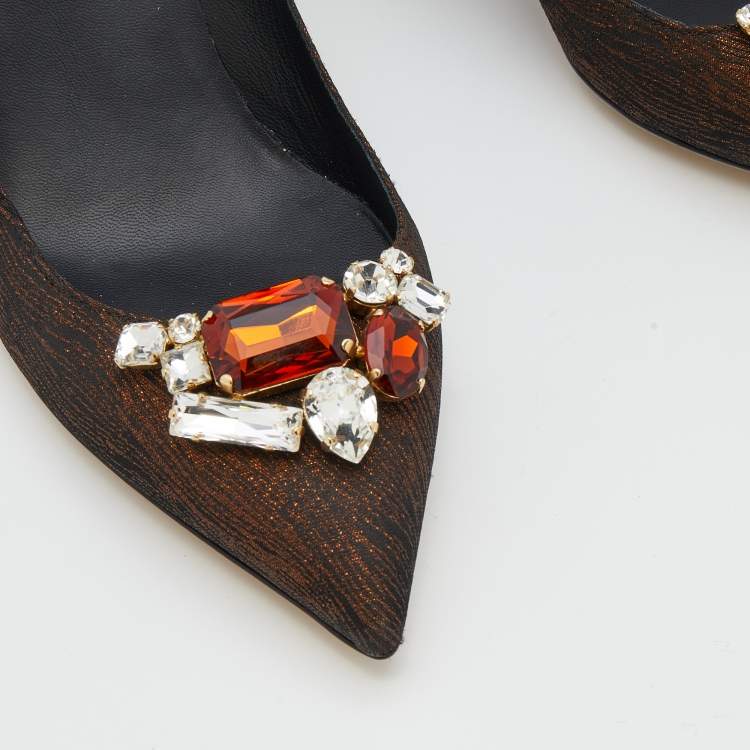 Pre Owned Dolce & Gabbana Bronze Nylon Jeweled Embellishment Pointed Toe Pumps Size 39