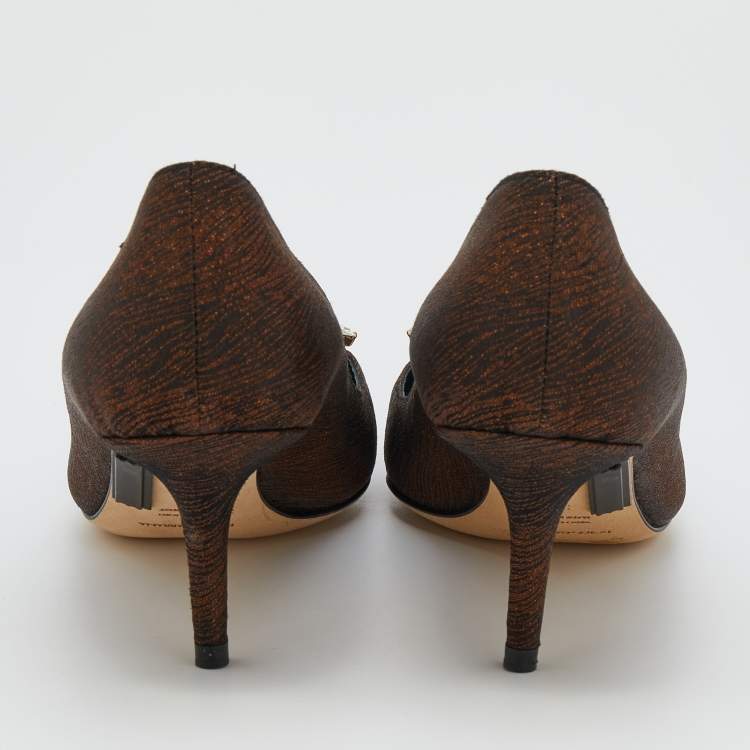 Pre Owned Dolce & Gabbana Bronze Nylon Jeweled Embellishment Pointed Toe Pumps Size 39