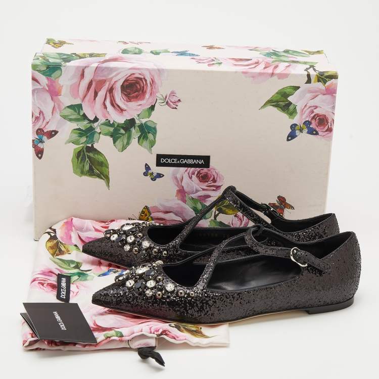 Pre Owned Dolce & Gabbana Black Glitter Crystal Embellished Ballet Flats Size 38
