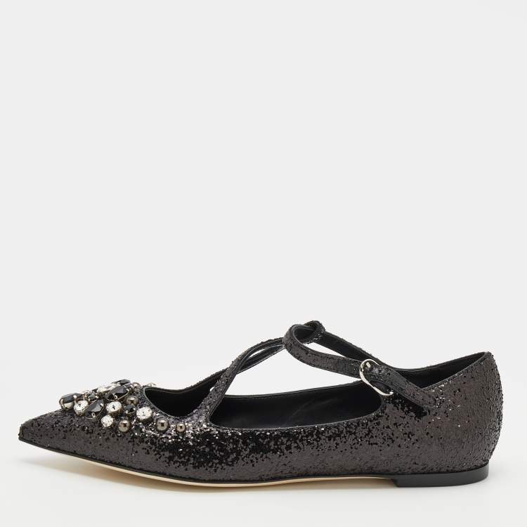 Pre Owned Dolce & Gabbana Black Glitter Crystal Embellished Ballet Flats Size 38