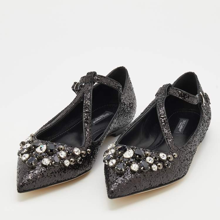 Pre Owned Dolce & Gabbana Black Glitter Crystal Embellished Ballet Flats Size 38