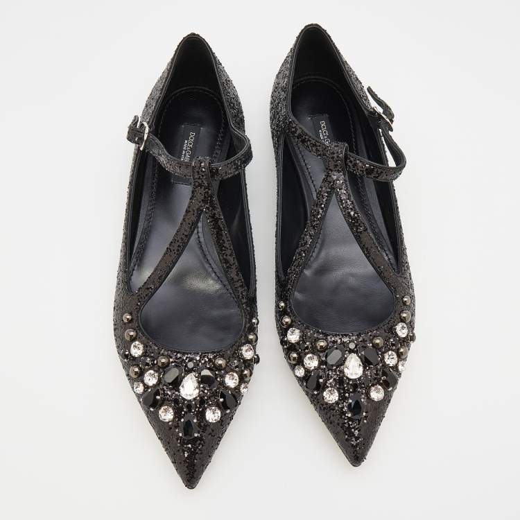 Pre Owned Dolce & Gabbana Black Glitter Crystal Embellished Ballet Flats Size 38
