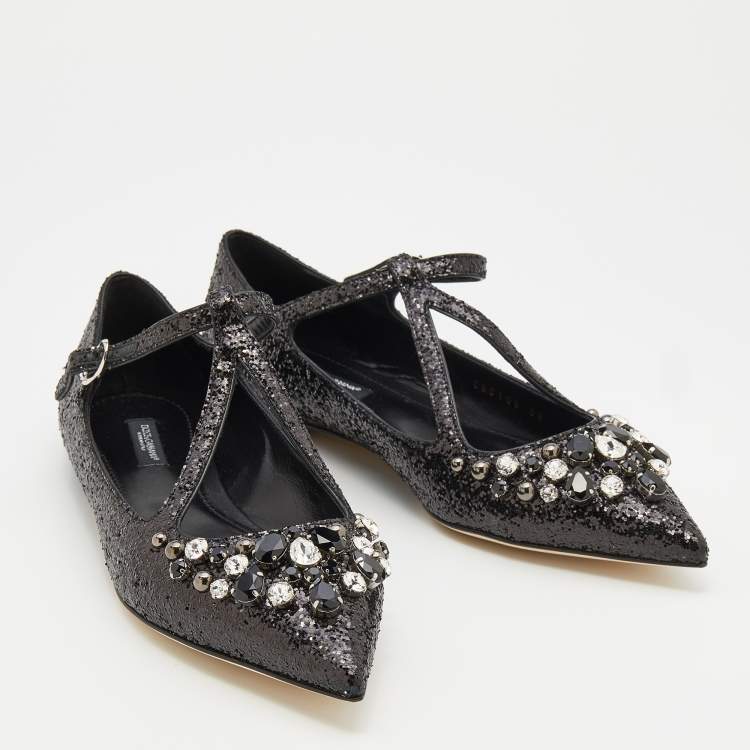 Pre Owned Dolce & Gabbana Black Glitter Crystal Embellished Ballet Flats Size 38