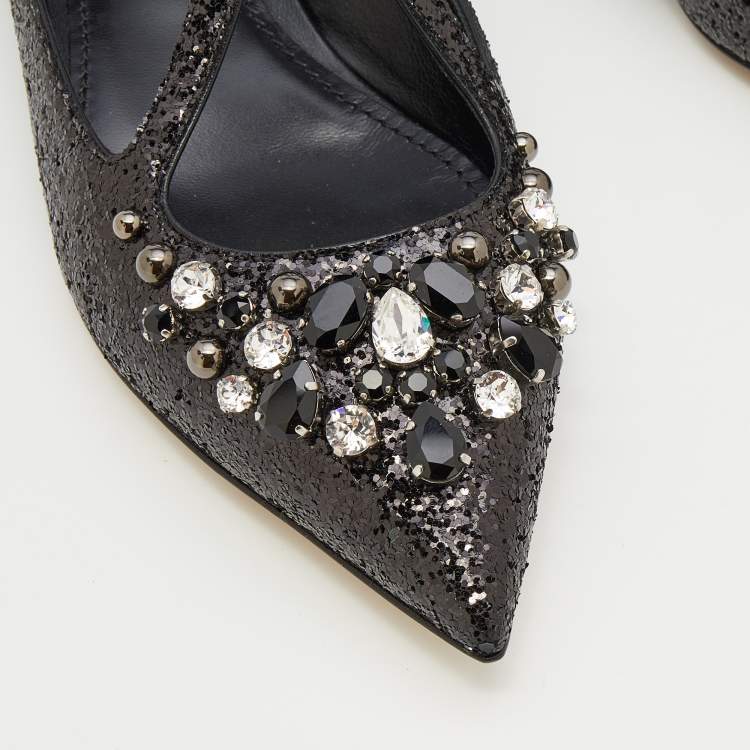 Pre Owned Dolce & Gabbana Black Glitter Crystal Embellished Ballet Flats Size 38