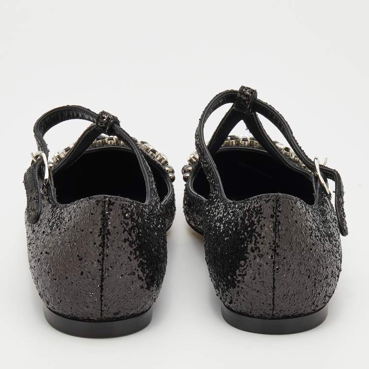 Pre Owned Dolce & Gabbana Black Glitter Crystal Embellished Ballet Flats Size 38