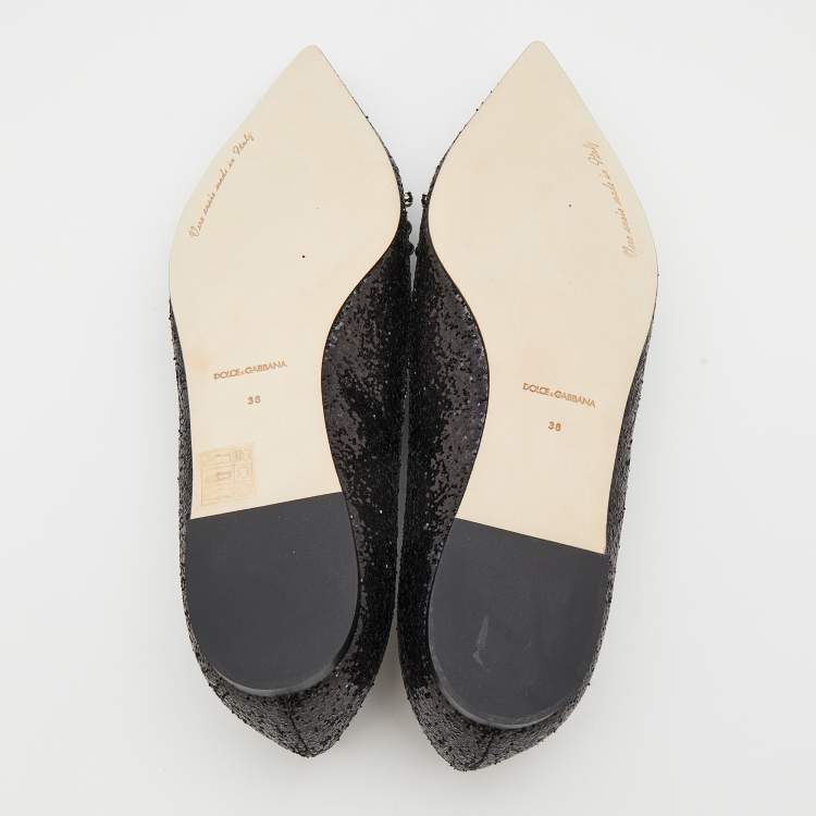 Pre Owned Dolce & Gabbana Black Glitter Crystal Embellished Ballet Flats Size 38
