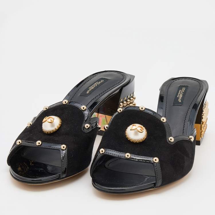 مملوكة مسبقًا Dolce & Gabbana Black Suede and Patent Leather Embellished Slide Sandals Size 38.5