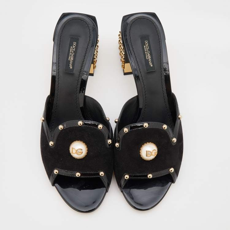 مملوكة مسبقًا Dolce & Gabbana Black Suede and Patent Leather Embellished Slide Sandals Size 38.5