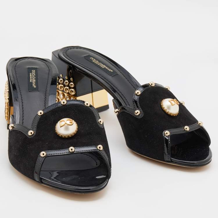 مملوكة مسبقًا Dolce & Gabbana Black Suede and Patent Leather Embellished Slide Sandals Size 38.5