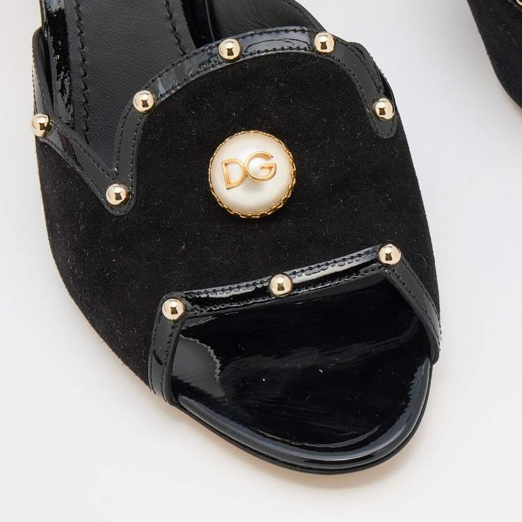 مملوكة مسبقًا Dolce & Gabbana Black Suede and Patent Leather Embellished Slide Sandals Size 38.5