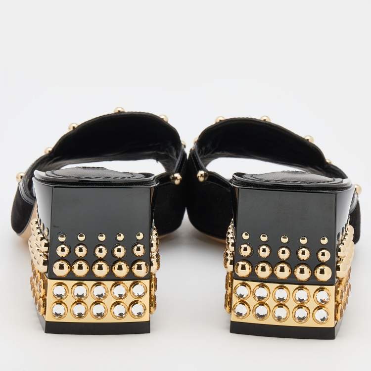 مملوكة مسبقًا Dolce & Gabbana Black Suede and Patent Leather Embellished Slide Sandals Size 38.5
