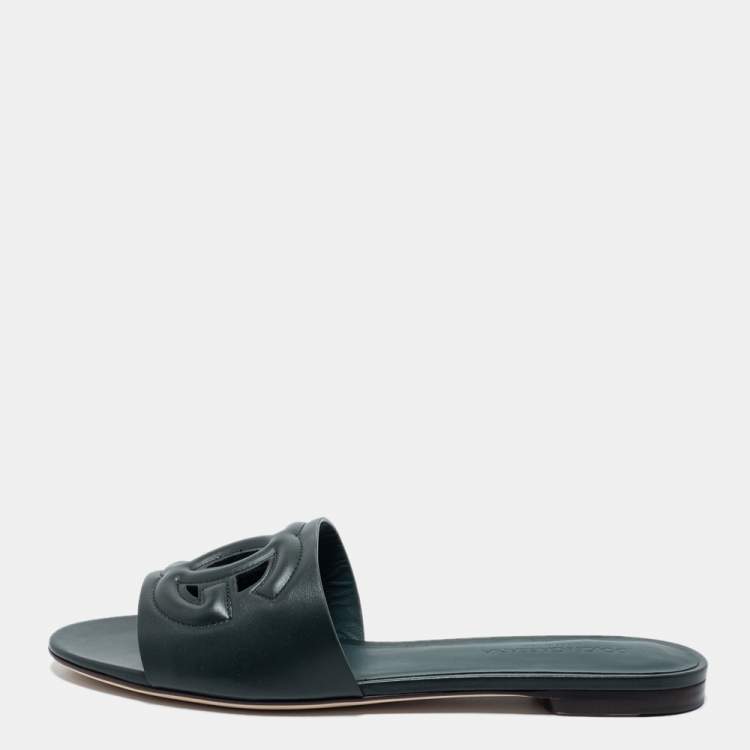 Pre Owned Dolce & Gabbana Dark Green Leather DG Millennials Flat Slides Size 38.5