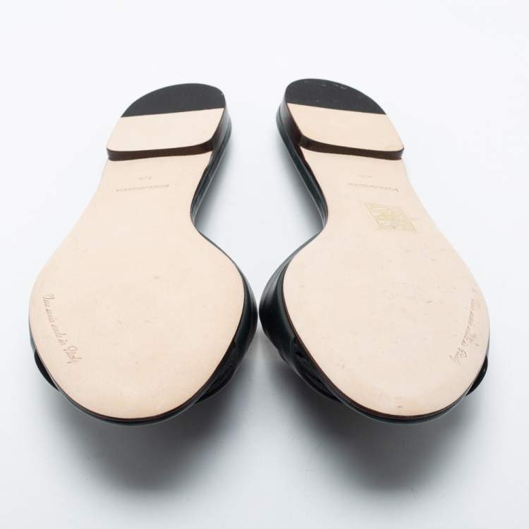 Pre Owned Dolce & Gabbana Dark Green Leather DG Millennials Flat Slides Size 38.5