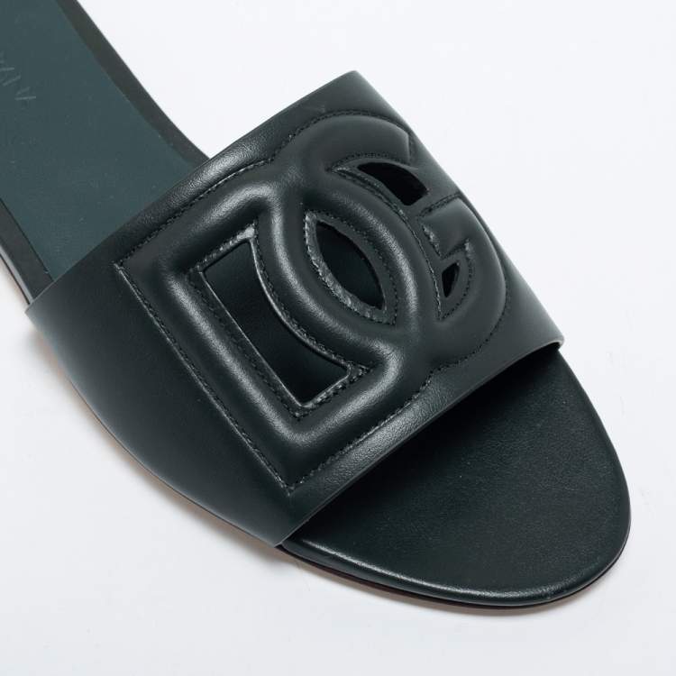 Pre Owned Dolce & Gabbana Dark Green Leather DG Millennials Flat Slides Size 38.5