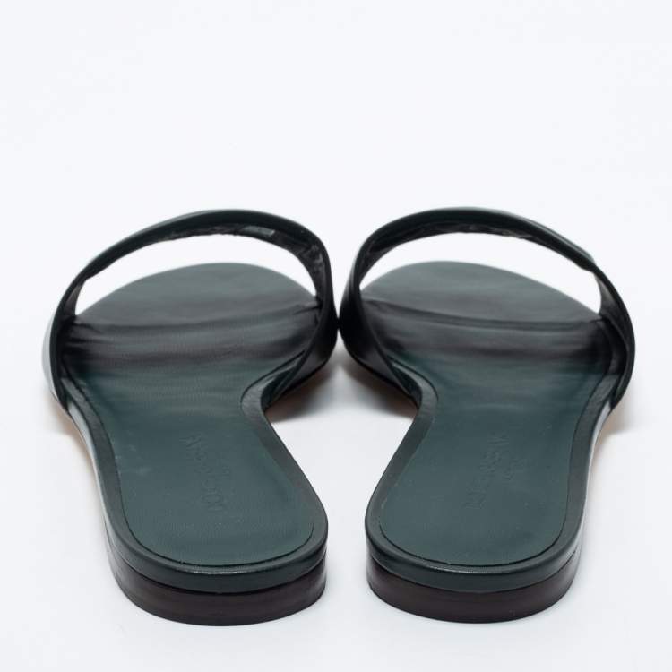 Pre Owned Dolce & Gabbana Dark Green Leather DG Millennials Flat Slides Size 38.5