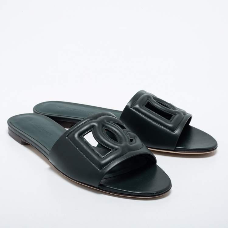 Pre Owned Dolce & Gabbana Dark Green Leather DG Millennials Flat Slides Size 38.5