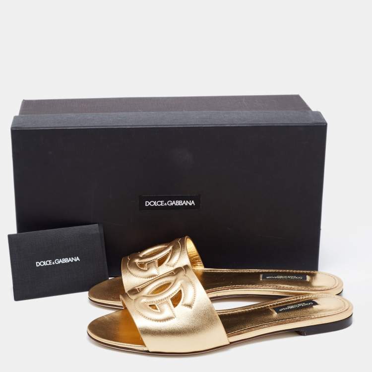 Pre Owned Dolce & Gabbana Gold Leather Logo Flat Slides Size 37