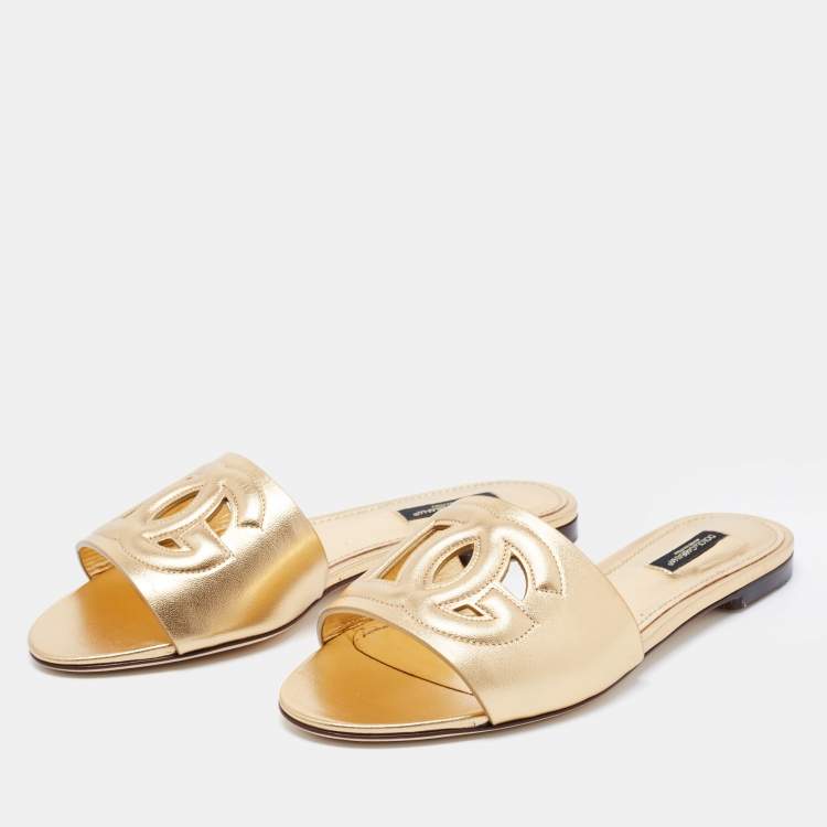 Pre Owned Dolce & Gabbana Gold Leather Logo Flat Slides Size 37