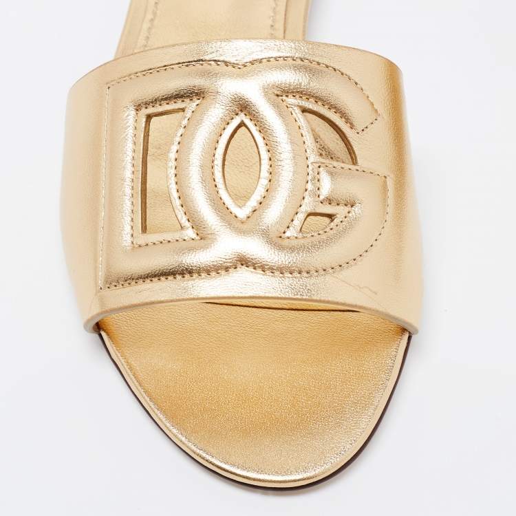 Pre Owned Dolce & Gabbana Gold Leather Logo Flat Slides Size 37