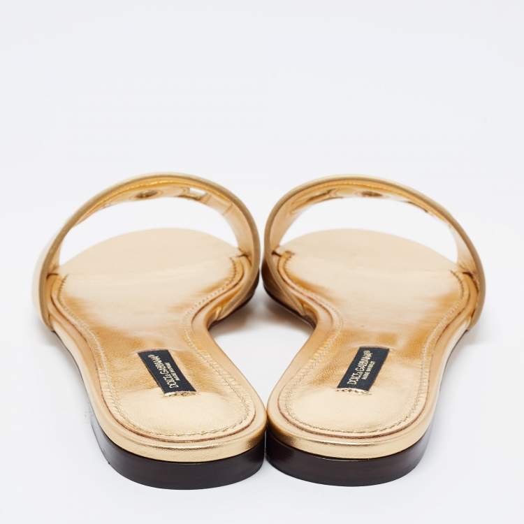 Pre Owned Dolce & Gabbana Gold Leather Logo Flat Slides Size 37