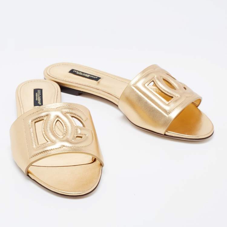 Pre Owned Dolce & Gabbana Gold Leather Logo Flat Slides Size 37